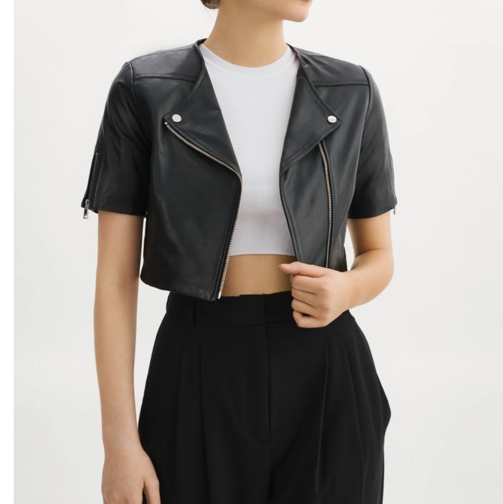LAMARQUE Kirsi Cropped Short Sleeve Black Leather Biker Jacket Size S